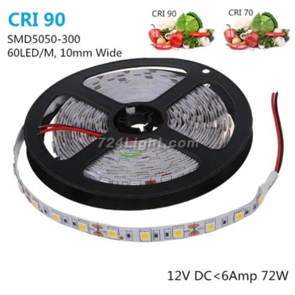 High CRI 90 LED Strip Lights, 5Meters (16.4ft) SMD5050-300, 60 LEDs 900LM Per Meter, DC 12V Dimmable Flexible LED Strips,10mm Wide Tape