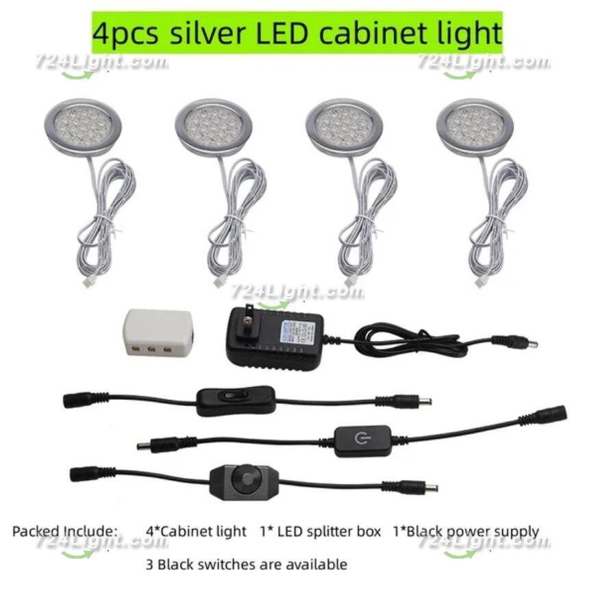 4pcs Pack Round LED Under Cabinet Lighting Stainless Steel LED Puck Light 2W 12VDC, 3 Switches Optional Controllable Puck Light for Motorhome, Caravan, Truck, Kitchen, Wine Cabinet, Wardrobe