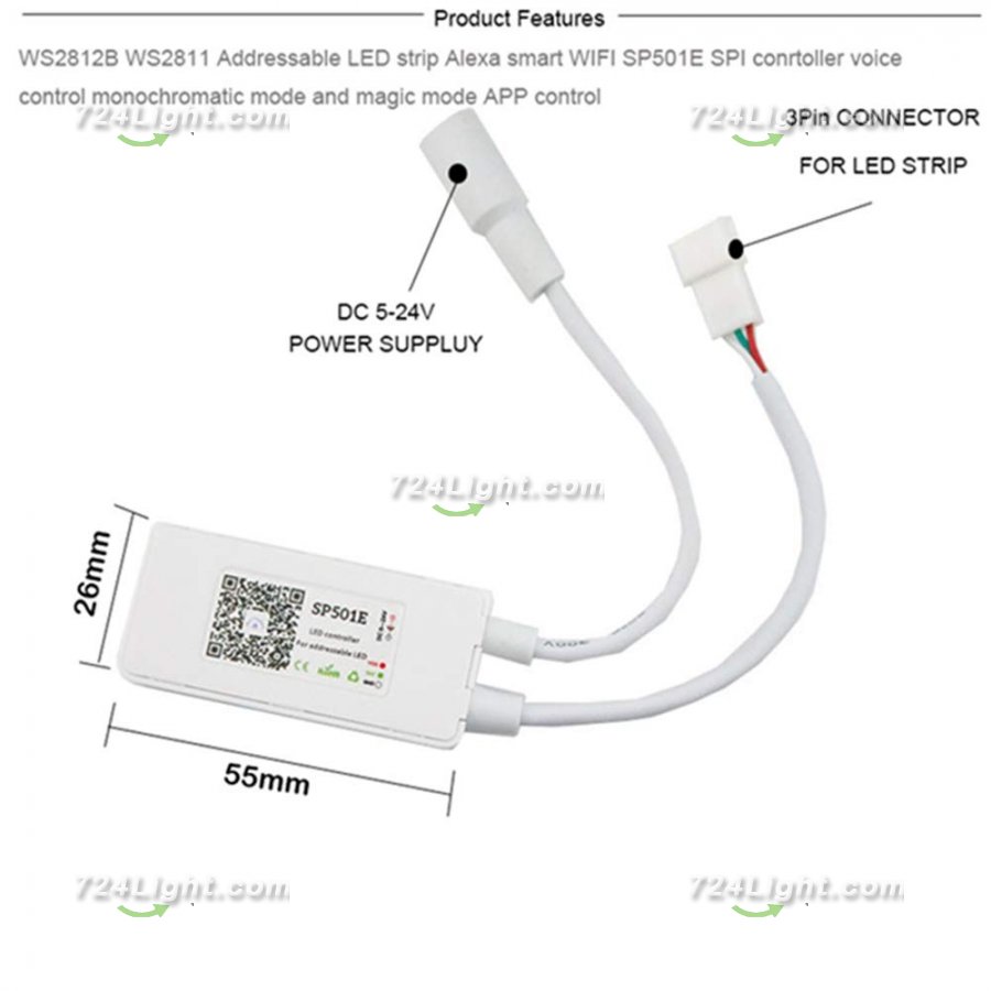 SP501E WiFi LED Controller Compatible with Alexa for Addressable IC RGB Strip WS2812bB SK6812 UCS1903 DC5-24V 900pixel Support 2.4G WiFi