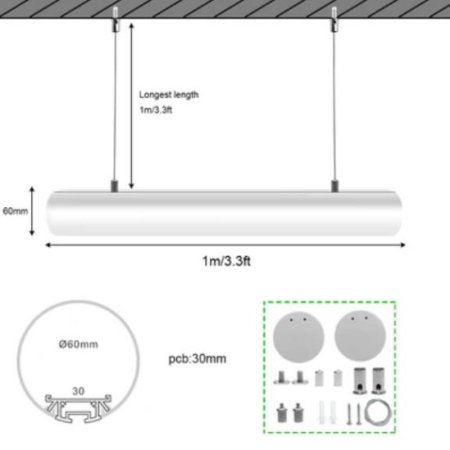 (image for) 5 Pack D60 60mm Dia. Round Extruded Aluminum Channel for Pendant Linear Office Lighting System
