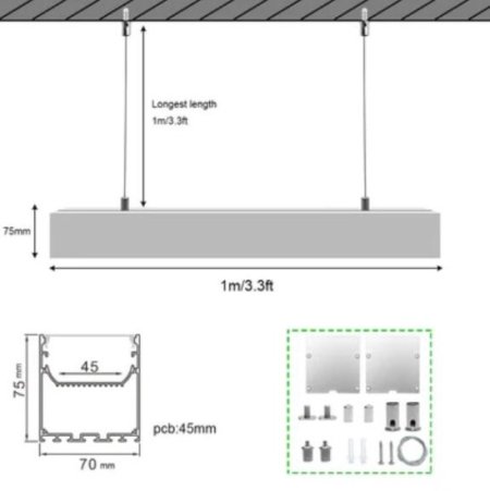 (image for) 5 Pack H7075 Big Aluminum Extrusion Channel for Suspension Mounting Linear Office Lighting System