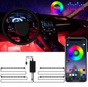 Car Interior Lights 4pcs 48 LED Car Atmosphere Glow Neon lights Multi-Color Music Car LED Strip Lights Decorative Underdash Lighting Kit with Bluetooth APP Controlled Sound Active function Wireless Remote Control