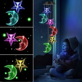 Solar Wind Chimes, Moon and Star Hanging Mobile Color Changing Light for Garden Patio Yard Window Outdoor Decorations