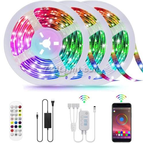 49.2Ft (3x 5M) SMD5050-150 LED Strip Light 5050 RGB Set 15m RGB LED Strip Lights IP65 Waterproof w/ Power Supply & Controller