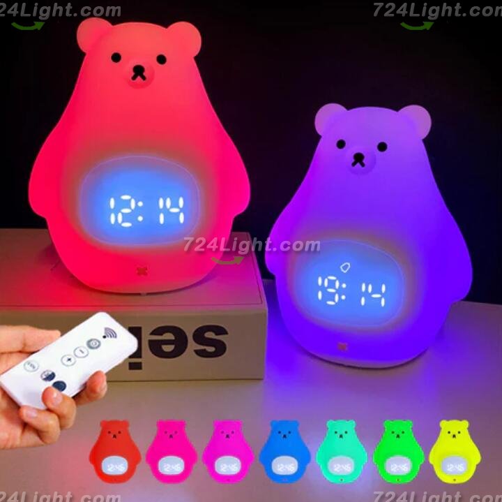 White Bear Clock and LED Night Light Rechargeable RGB Color Nursery Lamp Remote Controlled for Baby Girls Boys