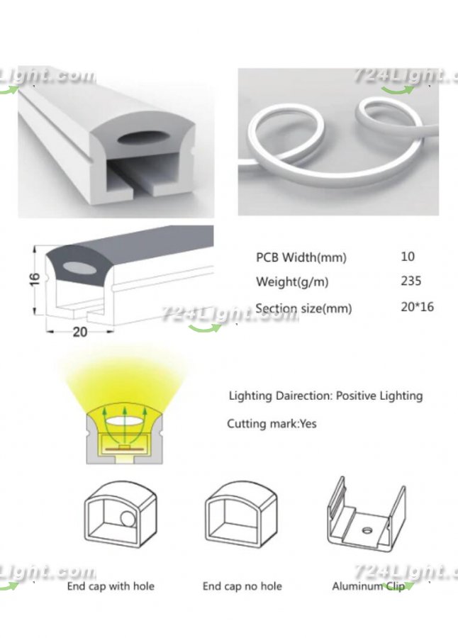 1M/5M/10M/20M Pack of T2016 LED Neon Light Housing Kit with End Caps and Mounting Clips, Flexible Neon Channel Fit for 10mm Wide LED Strip Lights