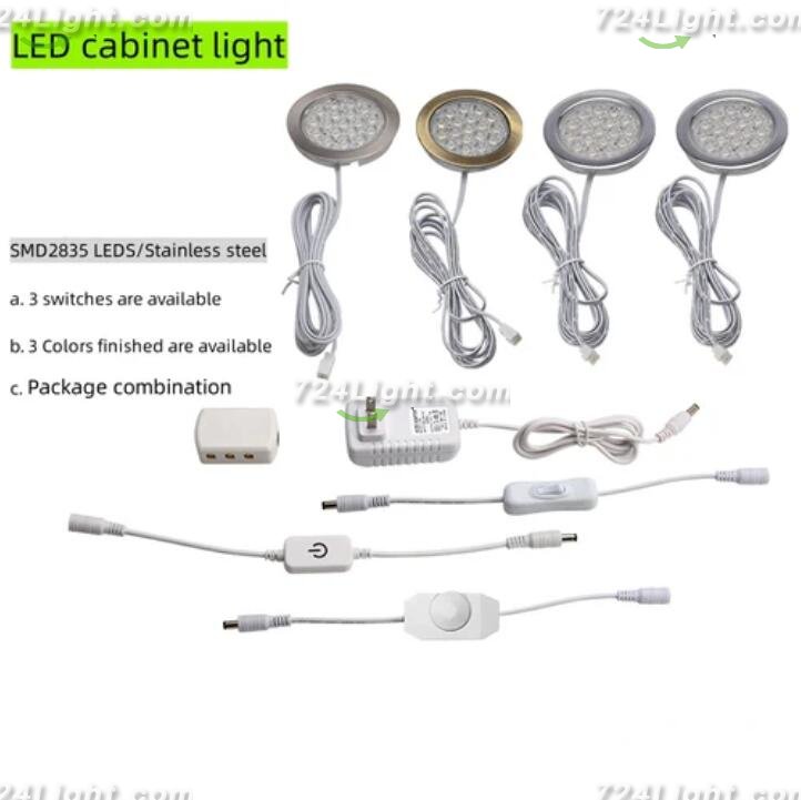 6pcs Packing Rounded LED Stainless Steel Under Cabinet Lighting 2W 12VDC 3 Switches are Available Controllable Puck Light for Motorhome, Caravan, Truck, Kitchen, Wine Cabinet, Wardrobe