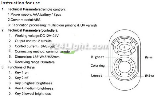 DC12-24V 433MHz LED Controller Temperature Color & Brightness Adjustable LED Strip Light Controller