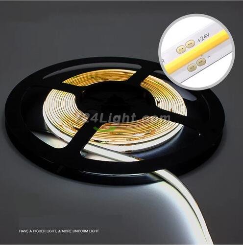 FCOB LED Strip 16.4FT/5M CRI90 480LEDs/m 12W/m 24V Dimmable LED Light Ribbon Indoor Use