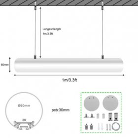 5 Pack D60 60mm Dia. Round Extruded Aluminum Channel for Pendant Linear Office Lighting System