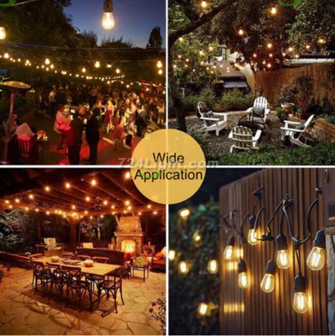 1Pack - Dimmable Waterproof LED Outdoor String Lights - Hanging, 2W Edison Bulbs - 48Ft Commercial Lights for Decor for Patio, Backyard, Garden, S14 Black - Warm White