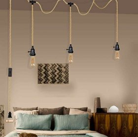 Triple Pendant Light Cord Kit, 22.5ft Hemp Rope Pendant Light Plug with Separate Switch, Retro Industrial Hanging Light Cord Set