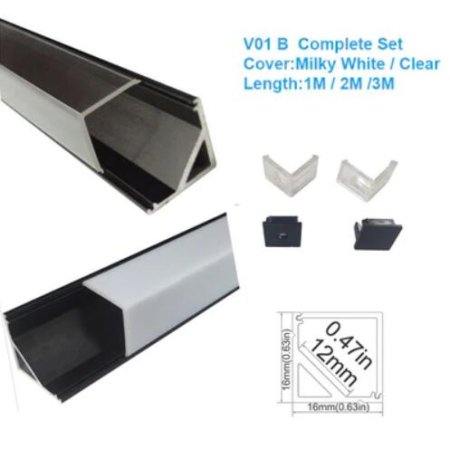 (image for) Black Corner LED Profile V01 16x16mm V-Shape Vertical Angle Cover Corner Mounting LED Aluminum Channel Extrusion