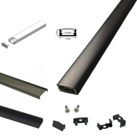 (image for) U02 All Black LED Channel System w/ Smoke Clear Black Diffuser Lens Black Aluminum Extrusion