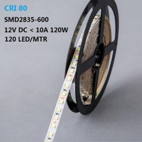 DC 12V 84W 7A 5Meter (16.4Ft) SMD2835 600LEDs/Roll Color Rendering Index CRI80 Flexible LED Strips 1900LM/M 8mm Wide White PCB