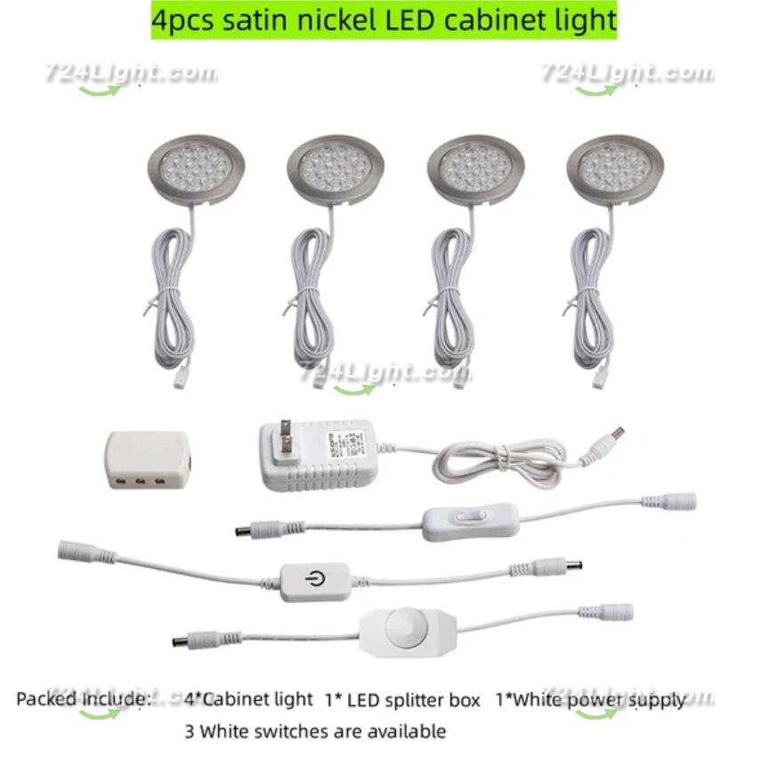 4pcs Pack Round LED Under Cabinet Lighting Stainless Steel LED Puck Light 2W 12VDC, 3 Switches Optional Controllable Puck Light for Motorhome, Caravan, Truck, Kitchen, Wine Cabinet, Wardrobe