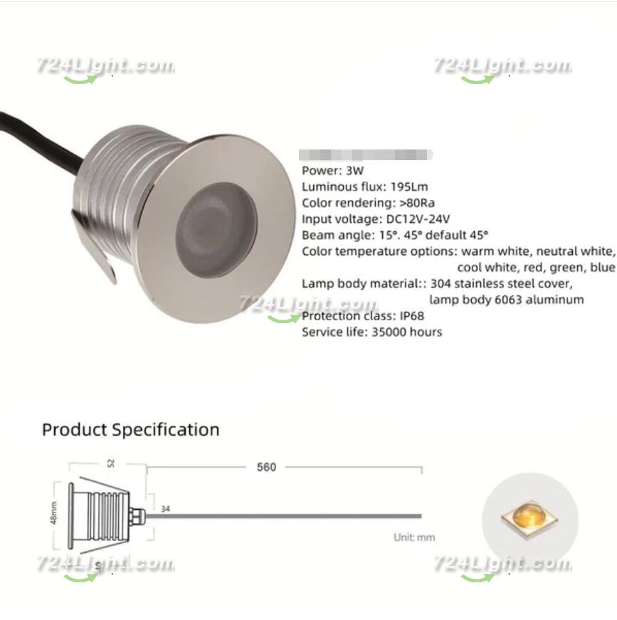8PCS Pack 3W IP68 Underwater LED Lights Round Stainless Steel Cover Villa Garden Swimming Pool LED Light