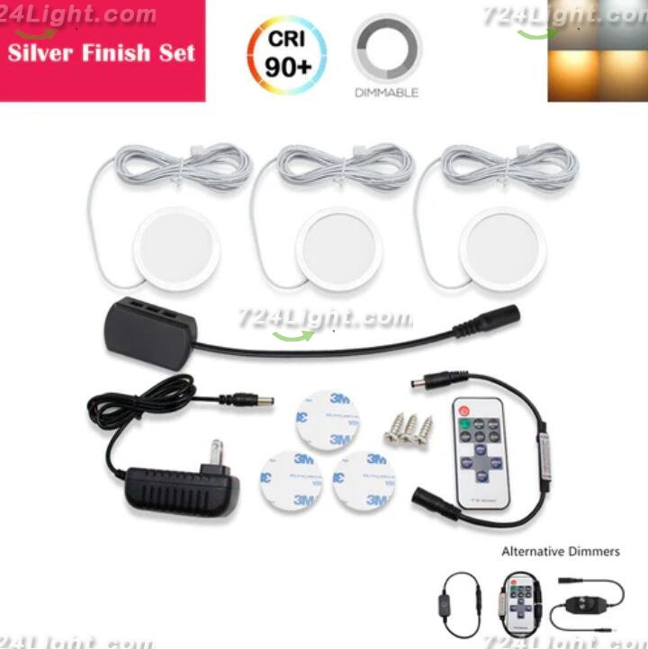 A-Series 3 Pack (3*2W) Dimmable CRI 90 Ultra Thin LED Under Cabinet Puck Lights With Dimmer & Power Adapter, All Accessories Included