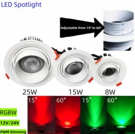 4 Pack RGBW Super Bright Modern Recessed LED Downlights Adjustable 15°-60°Beam Angle, Ambient Lighting 25W 12V/24V White Round LED Embedded Aluminum Indoor Ceiling Downlight for Hotel，Bar，Dancing Room，Restaurant