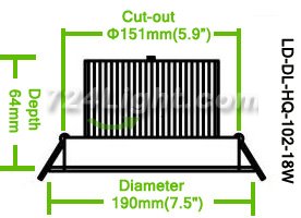 18W DL-HQ-102-18W LED Down Light Cut-out 151mm Diameter 7.5" White Recessed LED Dimmable/Non-Dimmable LED Spotlight