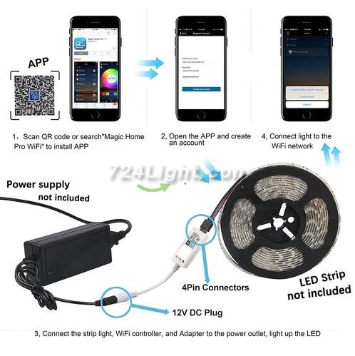 16.4ft（5Mtrs) 300LED SMD5050 RGB LED Light Strip Kit Music Sync, IR Remote, WiFi APP Controlled, Alexa Compatible