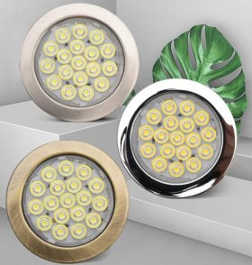 6pcs Packing Rounded LED Stainless Steel Under Cabinet Lighting 2W 12VDC 3 Switches are Available Controllable Puck Light for Motorhome, Caravan, Truck, Kitchen, Wine Cabinet, Wardrobe