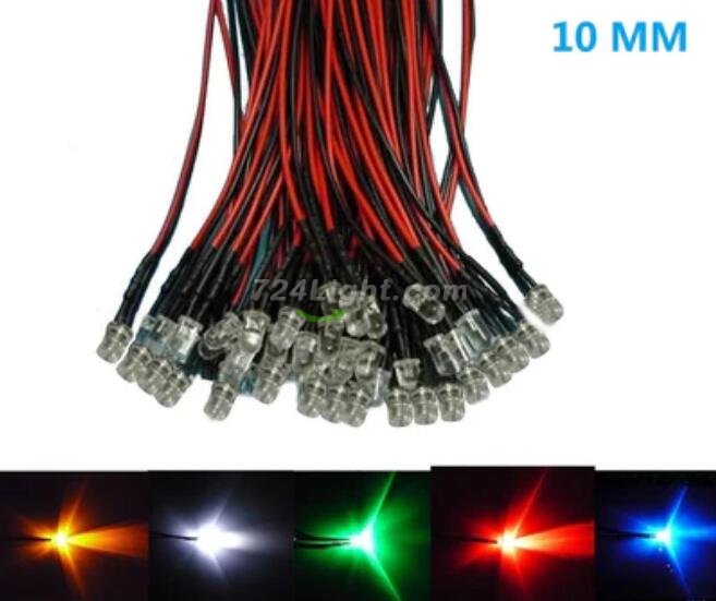 50pcs Pack 10mm LED Pre Wired light 3V/6V/12V/24V 20cm F10 Straw Hat Round Top Bulbs Light Lamp for DIY Car Boat Toys Party lighting Project