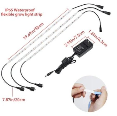 (image for) 3Pcs 18W 1.6ft Waterproof LED Flexible Grow Strip Lights w/ 2A Power Supply for Indoor Plants Growing/Greenhouse/Potted Plant/Hydroponic Garden