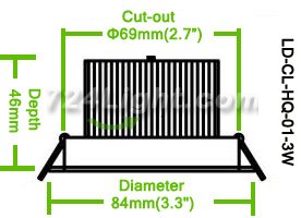 3W CL-HQ-01-3W LED Down Light Cut-out 69mm Diameter 3.3" Silver Recessed Dimmable/Non-Dimmable LED Down Light