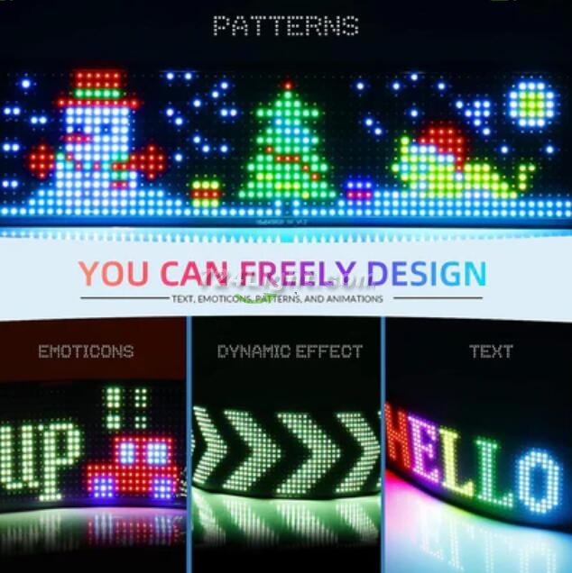 Model 1664 Flexible USB 5V Car LED Sign Bluetooth App Control Display Screen Text Pattern Animation LED sign display for Car Windows, Shop, Bar and Entrance Sign