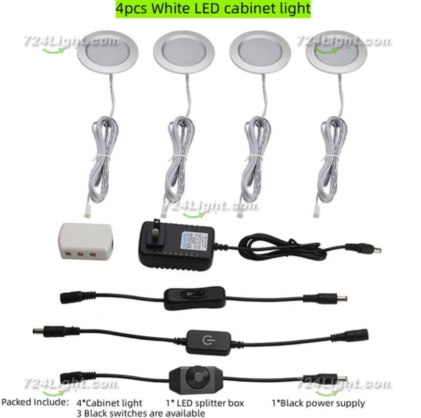 4pcs Pack LED Under Cabinet Lighting 2.5W 12VDC Ultra Thin, 3 Switches are Available Controllable Puck Light for Motorhome, Caravan, Truck, Kitchen, Wine Cabinet, Wardrobe
