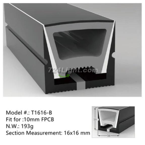 16.4FT(5Meters) 16*16mm 120° Top Emitting IP67 Waterproof Flexible Full Black Silicon LED NEON Tube Housing Fit for 10mm Wide LED Strip Light