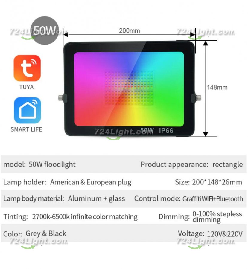 2 Pack 50W RGBCW Outdoor LED Floodlight WiFi Bluetooth RGBCW 2700K-6500K & 16 Million Colors, LED Landscape Lights, IP66 Waterproof