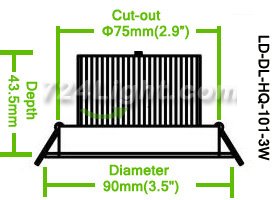 3W DL-HQ-101-3W LED Down Light Cut-out 75mm Diameter 3.5" White Recessed Dimmable/Non-Dimmable LED Down Light