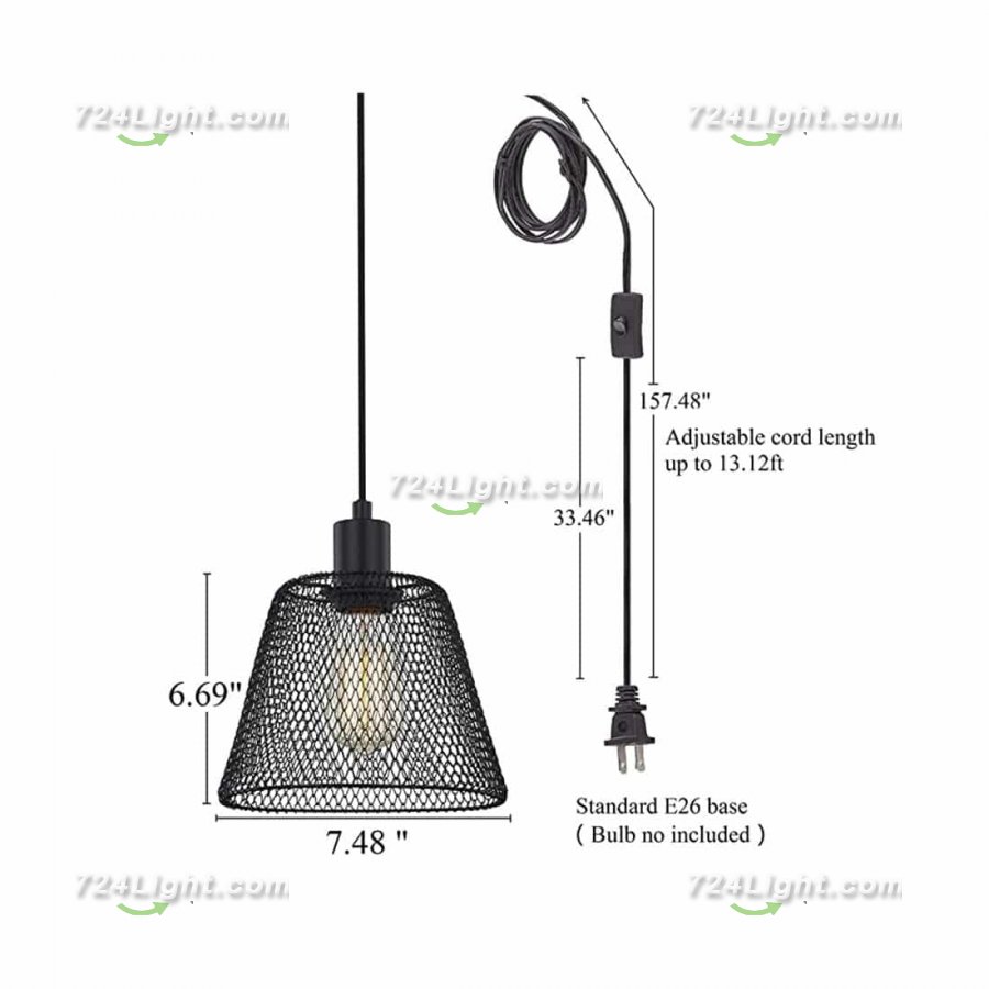 Black cage metal plug pendant light, industrial with on/off switch, for living room, bedroom and farmhouse