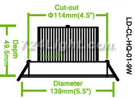 9W CL-HQ-01-9W Recessed Ceiling light Cut-out 114mm Diameter 5.5" Silver Recessed Dimmable/Non-Dimmable LED Downlight