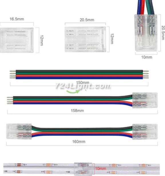 10PCS PACK RGB Color COB LED Strip Connectors Solderless 4 Conductors Connectors for 10mm Wide RGB COB Flex LED Strips