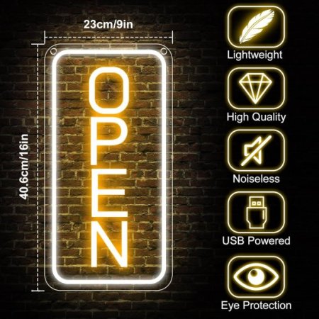 (image for) Neon Open Sign 16''x9'', Super Bright LED Open Signs for Business, Adjustable Brightness Open Sign Powered by USB with ON/OFF Switch, for Party Club Hotel Window Wall Store (White&Yellow, Vertical)