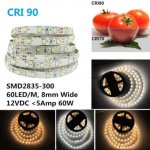 High CRI 90 LED Strips, Flexible 5M LED Strips, SMD2835-300 60 LEDs 1000LM Per Meter 8mm Wide Tape