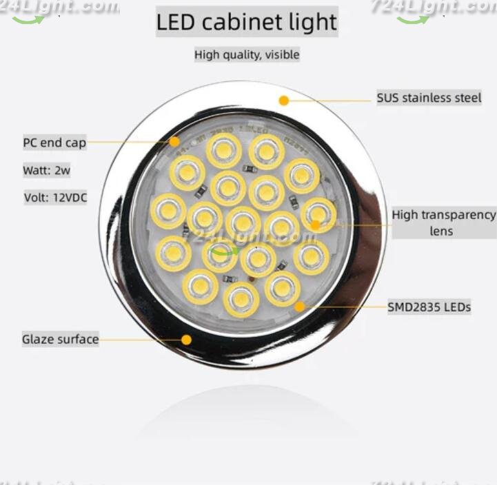 4pcs Pack Round LED Under Cabinet Lighting Stainless Steel LED Puck Light 2W 12VDC, 3 Switches Optional Controllable Puck Light for Motorhome, Caravan, Truck, Kitchen, Wine Cabinet, Wardrobe