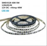 12V Dimmable SMD3528-600 Flexible LED Strips 120 LEDs Per Meter 8mm Width 600lm Per Meter