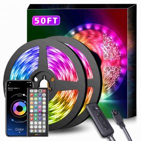 50Ft LED Strip Lights Music Sync Color Changing RGB LED Strip 44-Key Remote, Sensitive Built-in Mic, App Controlled LED Lights Rope Lights, 5050 RGB LED Light Strip(APP+Remote)