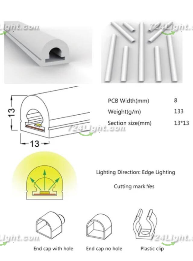 1M/5M/10M/20M Pack of T1313 LED Neon Light Housing Kit with End Caps and Mounting Clips, Flexible Neon Channel Fit for 8mm Wide LED Strip Lights