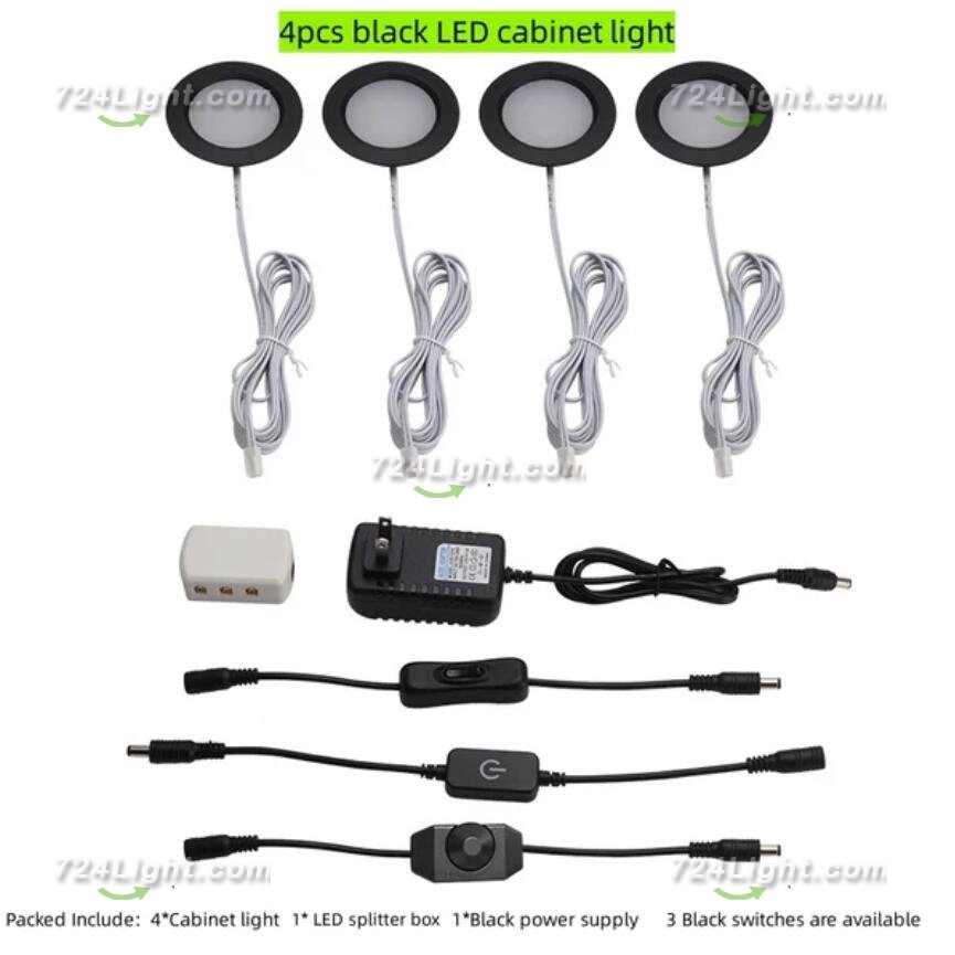 4pcs Pack LED Under Cabinet Lighting 2.5W 12VDC Ultra Thin, 3 Switches are Available Controllable Puck Light for Motorhome, Caravan, Truck, Kitchen, Wine Cabinet, Wardrobe