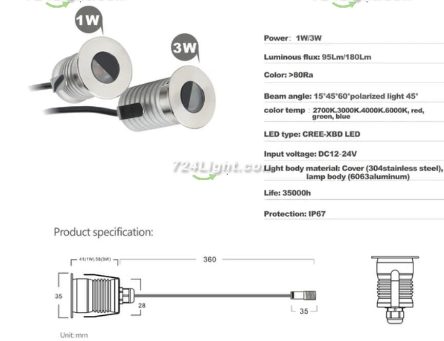 8pcs Pack 1W/3W DC12-24V IP67 LED Step Light Stainless Steel Inground LED Light with Anti-glare Half Moon Brushed Lens