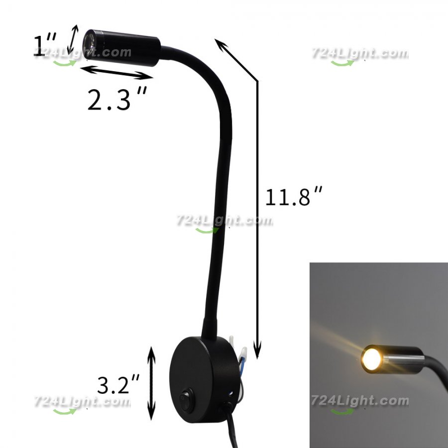 Black Bed LED Lighting Flexible With Switch and 120V AC Plug Suit For Bedside Reading Laptop Local Lighting White