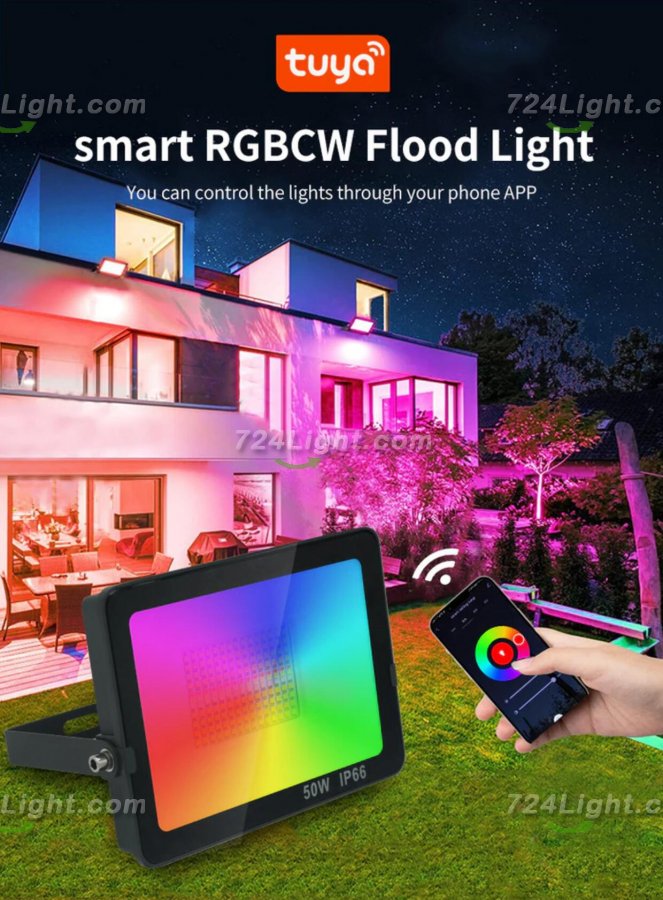 2 Pack 50W RGBCW Outdoor LED Floodlight WiFi Bluetooth RGBCW 2700K-6500K & 16 Million Colors, LED Landscape Lights, IP66 Waterproof