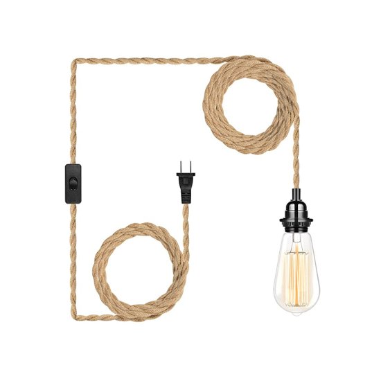 (image for) Plug In Hanging Light Fixture, 15ft E26 Bulb Socket with Switch Cord, Industrial Twisted Hemp Rope Headlamp