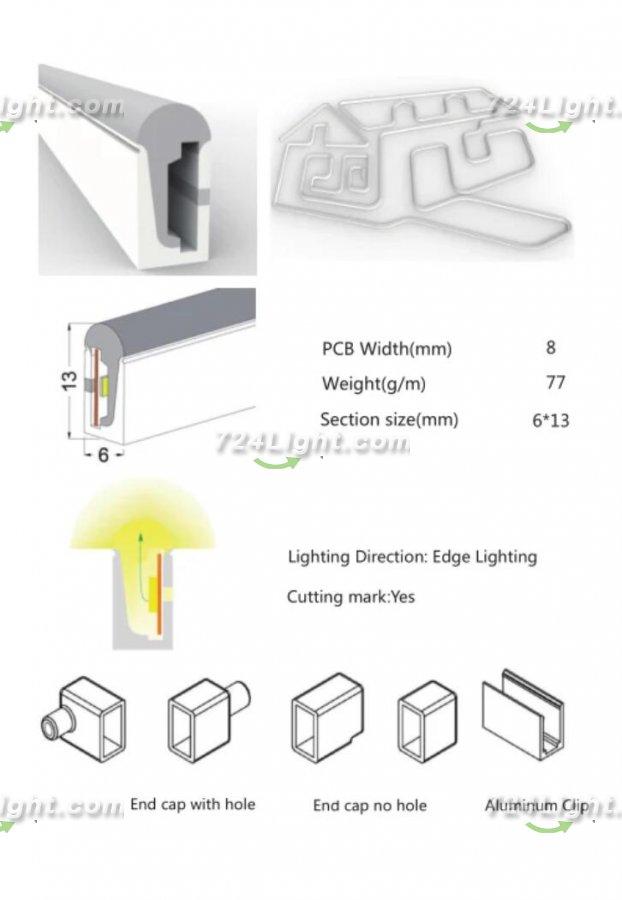 1M/5M/10M/20M Pack of T0613 Edge Lighting LED Neon Light Housing Kit with End Caps and Mounting Clips, Flexible Neon Channel Fit for 8mm Wide LED Strip Lights