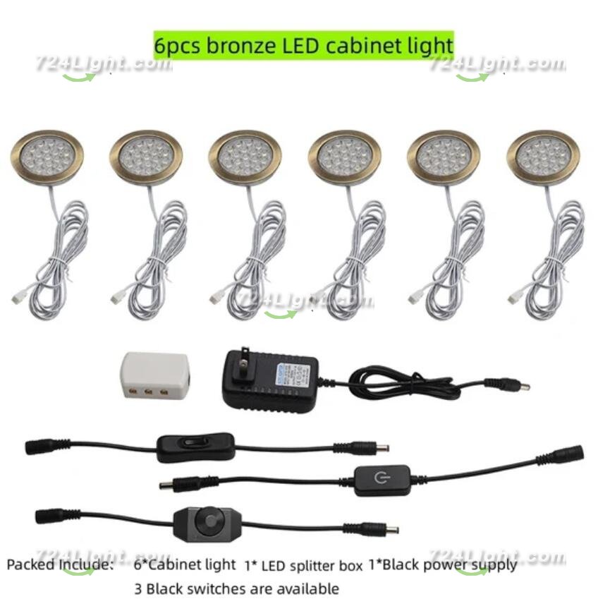 6pcs Packing Rounded LED Stainless Steel Under Cabinet Lighting 2W 12VDC 3 Switches are Available Controllable Puck Light for Motorhome, Caravan, Truck, Kitchen, Wine Cabinet, Wardrobe